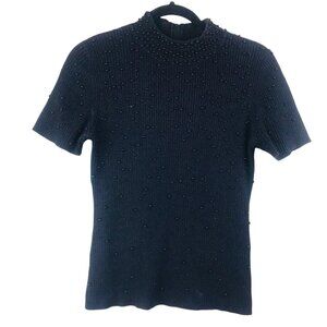 NEK Northeast Knitters Knit Black Glitter Pearl Embellished Mock Neck Top S